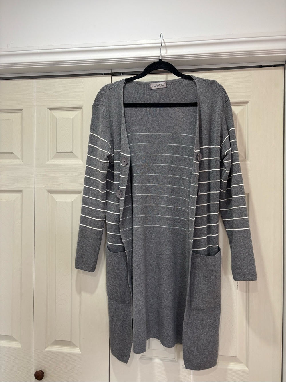 Cherie Bliss Gray Striped Long Open-Front Cardigan